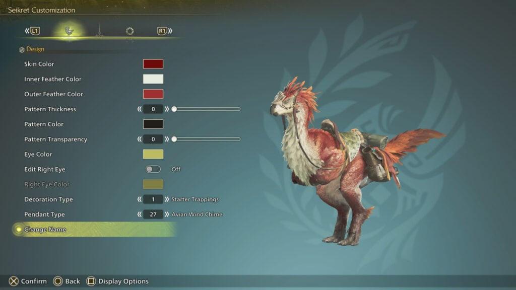 The Seikret customization screen in Monster Hunter wilds, featuring a variety of customization options