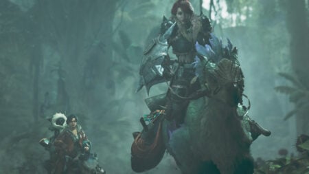 A hunter rides their Seikret through the jungle in Monster Hunter Wilds