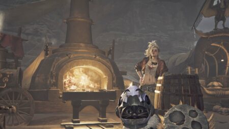 A hunter and their Palico at the Talisman forge in Monster Hunter Wilds