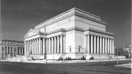 A black and white photo of the National Archives Building in Washington, D.C.