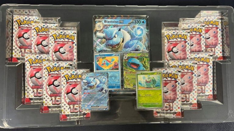 The contents of a Pokemon Blooming Waters box sold at GameStop, featuring Blastoise