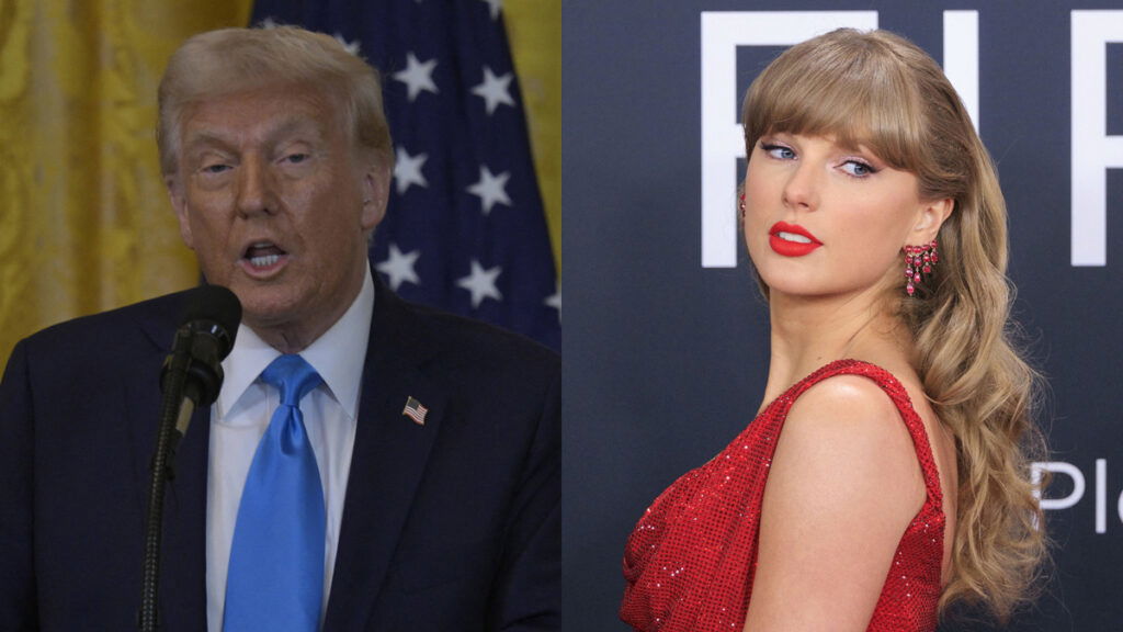 A photo collage of President Donald Trump and Taylor Swift