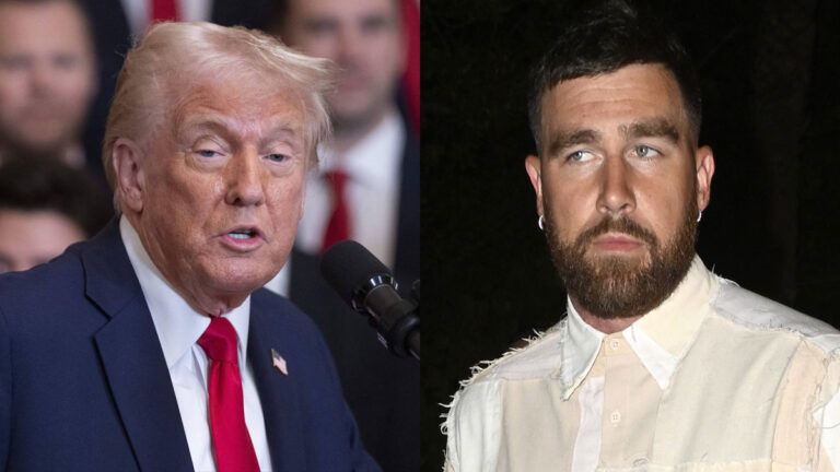 A photo collage of President Donald Trump and Travis Kelce