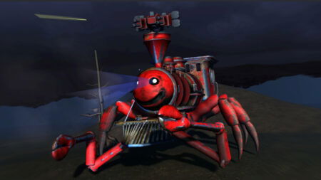 A demonic train with spider legs and a sinister red face in Roblox Edward the Man-Eating Train