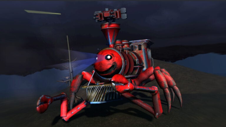 A demonic train with spider legs and a sinister red face in Roblox Edward the Man-Eating Train