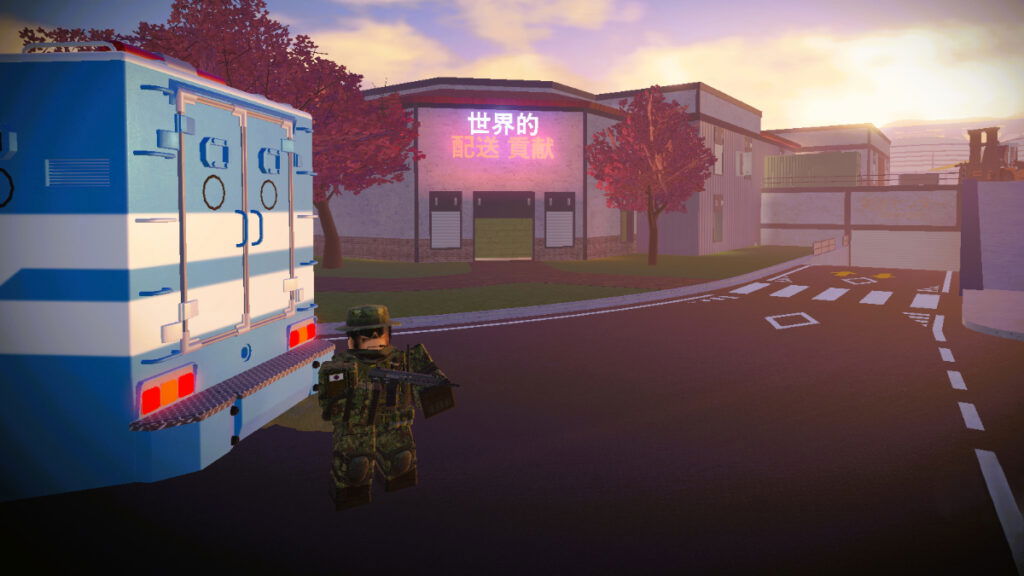 A soldier in full combat gear stsands outside a building in Roblox Operations Siege