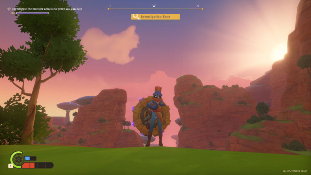 A cartoony knight with a giant shield poses on a ridge at sunrise in The Knightling