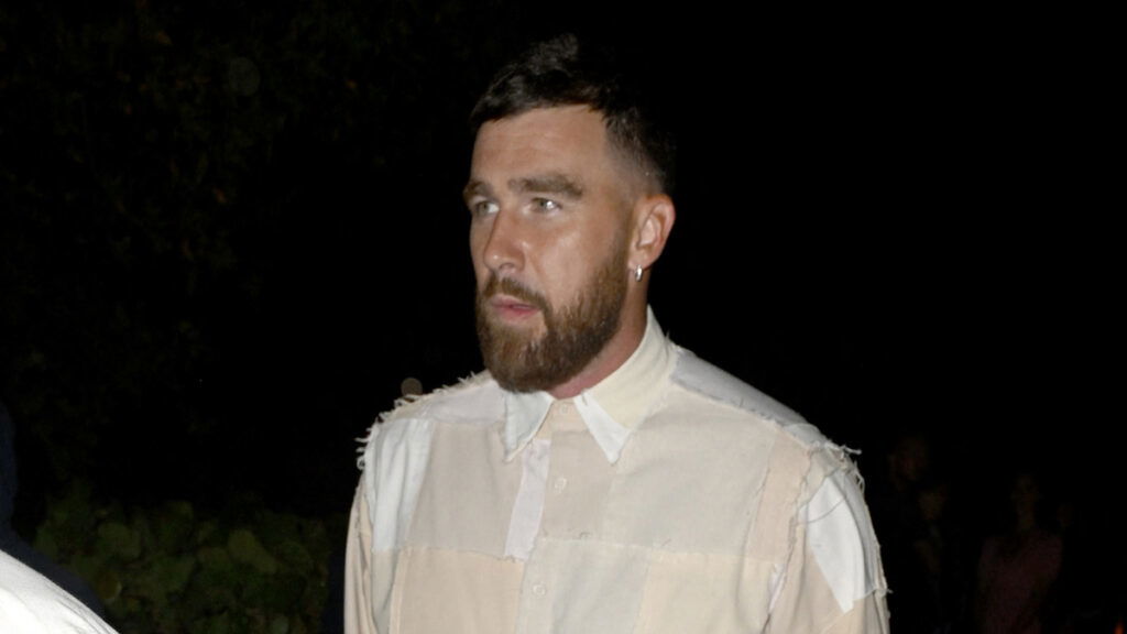 Travis Kelce is seen leaving Carbone beach tent wearing a bizarre patch outfit after attending Miami F1 Grand Prix without Taylor Swift