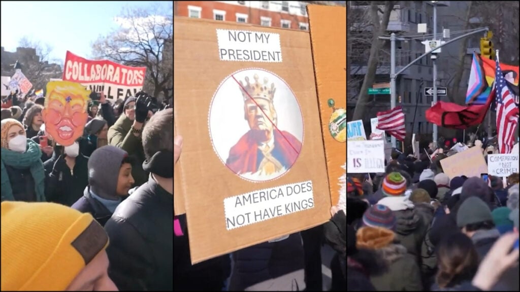 A collage of signs and flags at the President's Day protest against Trump in NYC