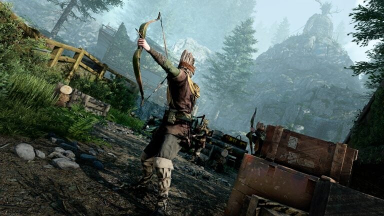 An archer prepares to fire ther bow while a wicker giant built by the cult looms in the background of Atomfall