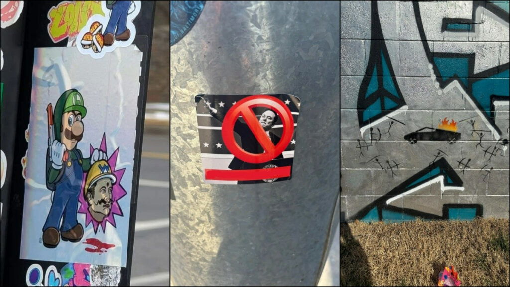 A collage of stickers and art found around Baltimore protesting Elon Musk