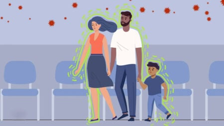 A CDC cartoon depicting a family infected with measles traveling through an airport