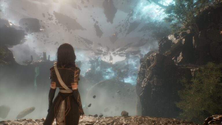 A woman stands on the edge of a cliff, watching shattered stones hover in the sky in Clair Obscur
