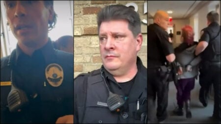 A collage of officers involved in the Cornell protest including a shot of two cops arresting a woman