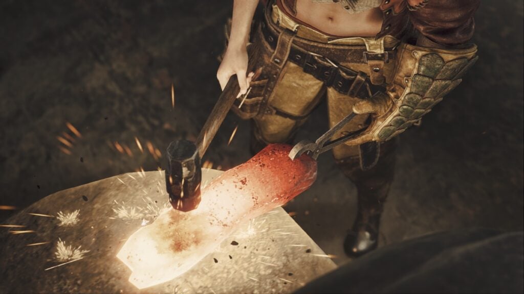 A top-down view of the blacksmith hammering a piece of hot metal in MHW