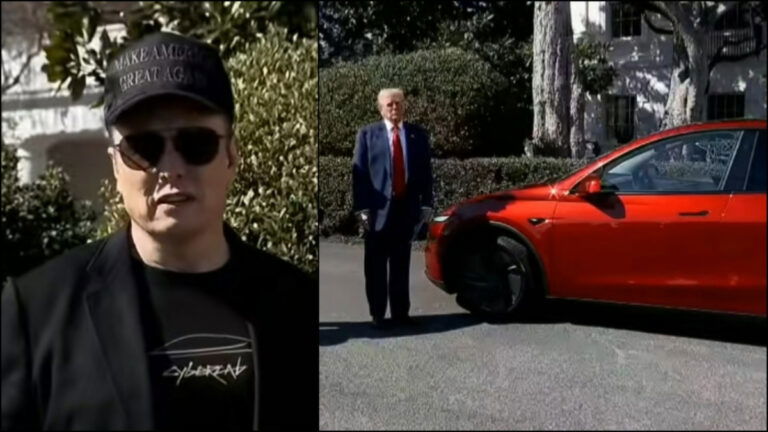 Elon Musk and Donald Trump stand by a red Tesla at the White House