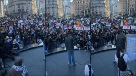 NYC residents gather in the streets to protest the illegal detention of Mahmoud Khalil