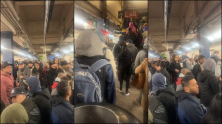 A collage of NYC residents stuck waiting in the station after someone lying on the train tracks causes delays