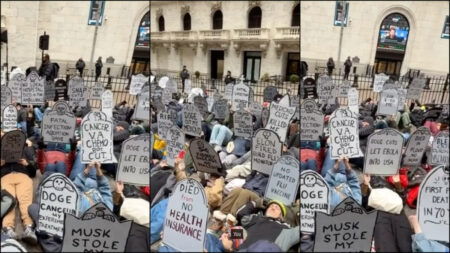 Activists stage a die-in protest against Trump at New York Stock Excange