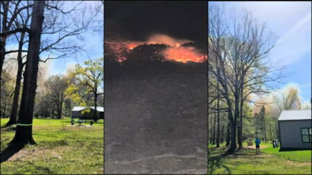 Shots of the Pauline Road Fire in Texas burning near a rural home during the day and at night