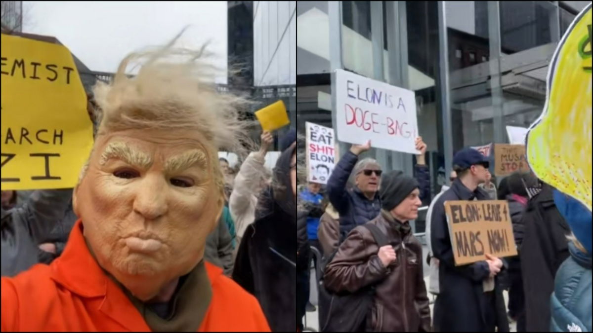 NYC Tesla Protest Features Trump Mask and Righteous Anger: ‘FDT and His Robot Bestie’