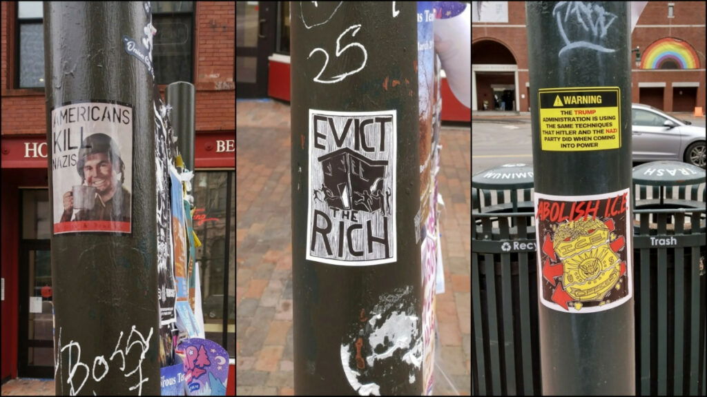 A collage of flyers protesting Trump and ICE in Portland Maine