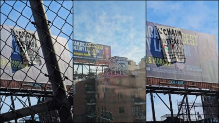 A collage showing a pro-Palestinian banner hung over a billboard in NYC