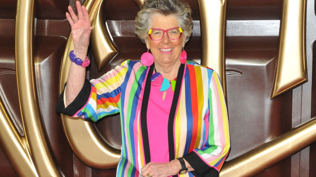 Prue Leith rearing multicolored dress.