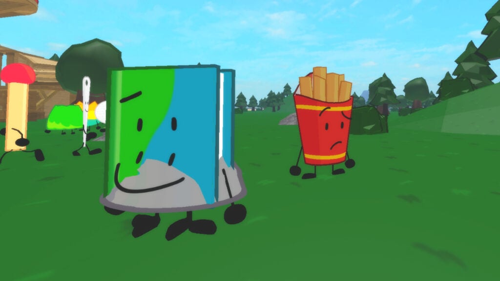 An anthropomorphic book and french fry box hang out in a field in Roblox Battle for Dream Island RBFDI