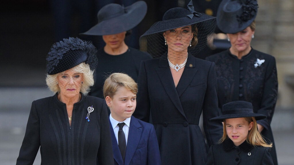 Camilla, Queen Consort, Prince George, Meghan Markle, Duchess of Sussex, Catherine, Princess of Wales, Kate Middleton, Princess Charlotte, Sophie, Countess of Wessex at Queen Elizabeth II funeral.