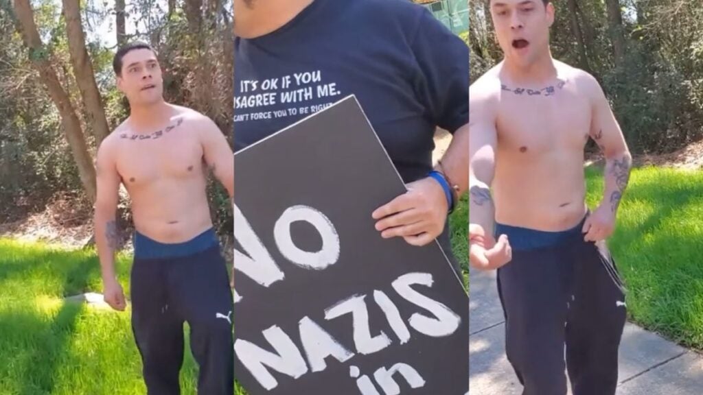 Shirtless MAGA Man Melts Down at Texas Anti-Tesla Protest, Screaming 'Where Are the Nazis?' 'The Anger in the US Is Building!'