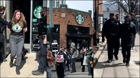 A collage of photos showing multiple Starbucks workers on strike getting arrested as part of the strike in Pittsburg and beyond