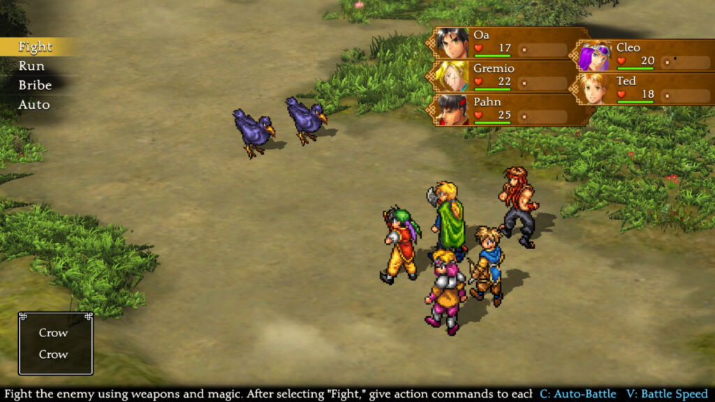 The starting party battles some birds in Suikoden 1 HD