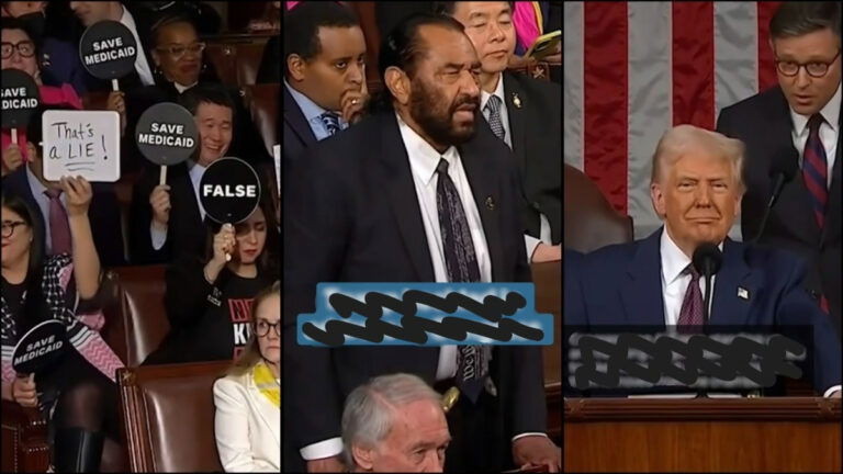 A collage of moments from Trump's D.C. speech, including a protest by Al. Green and Democrats holding up small signs condemning the president's actions