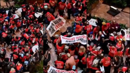 A collage of shots of a protest against Trump within Trump Tower