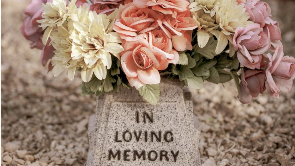 A memorial with flowers