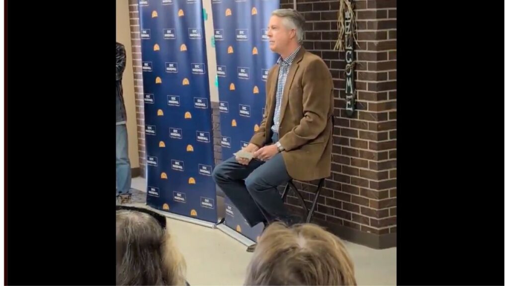 Republlicn Senator Robert Marshall moments before fleeing a group of concerned citizens at a town hall meeting.