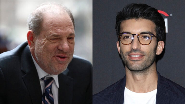 A photo collage of Harvey Weinstein and Justin Baldoni