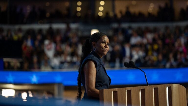Michelle Obama delivers remarks at the 2024 Democratic National Convention in Chicago, Illinois, USA,