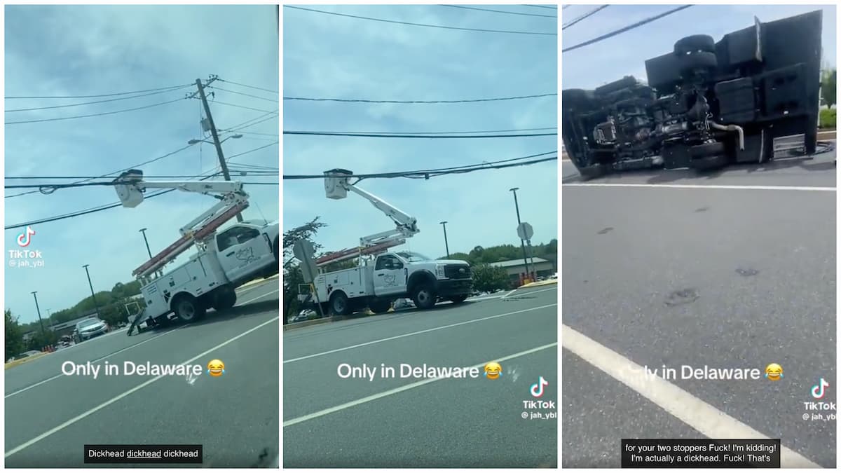 Instant Regret: Work Truck Collides with Power Lines & Topples Over in Delaware, ‘He Look Drunk AF’