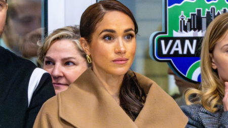 The Duchess of Sussex Meghan Markle in khaki outfit.
