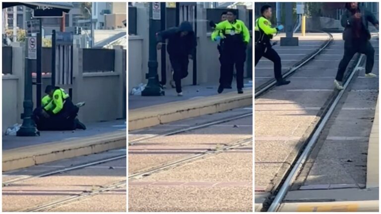San Diego Transit Security Struggle to Detain 'Biting' Assailant Who Is Resisting