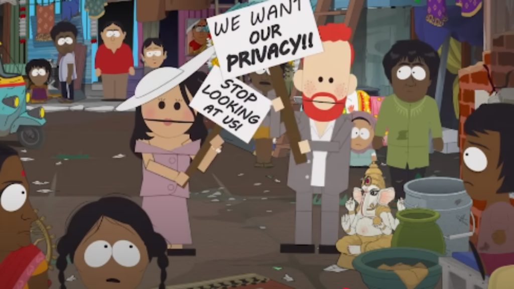 Animated Characters on South Park episode Worldwide Privacy Tour satirizing Prince Harry and Meghan Markle.