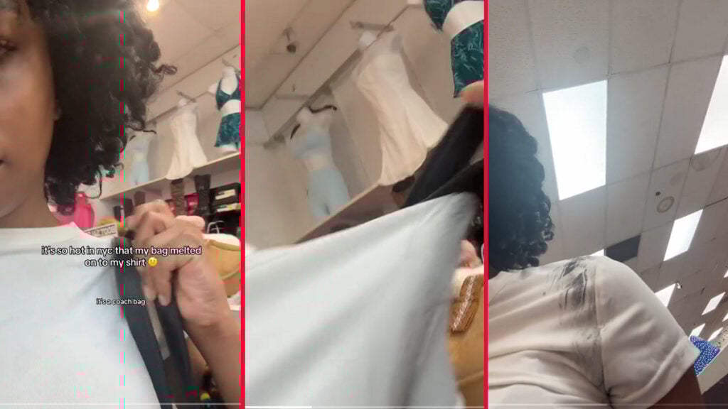 new york woman showing off her melting coach purse due to heatwave