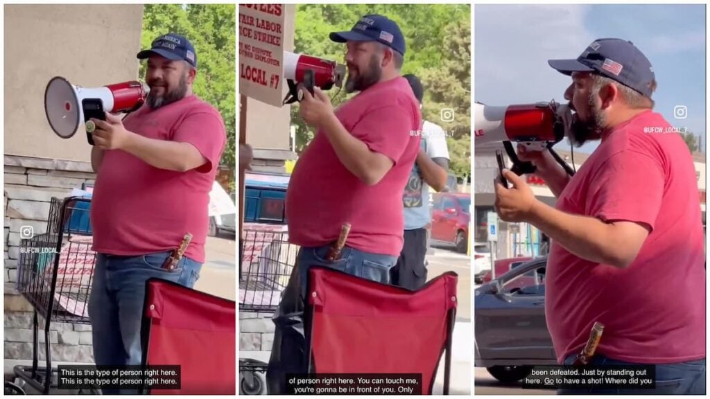 MAGA Supporter With a Megaphone Harasses Safeway Protestors in Colorado