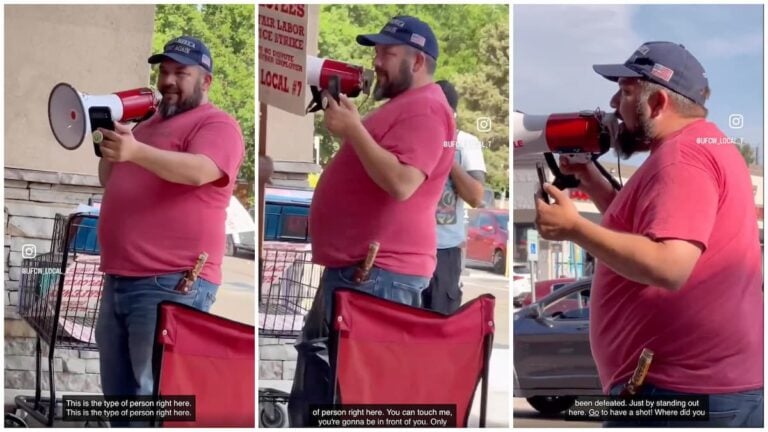 MAGA Supporter With a Megaphone Harasses Safeway Protestors in Colorado