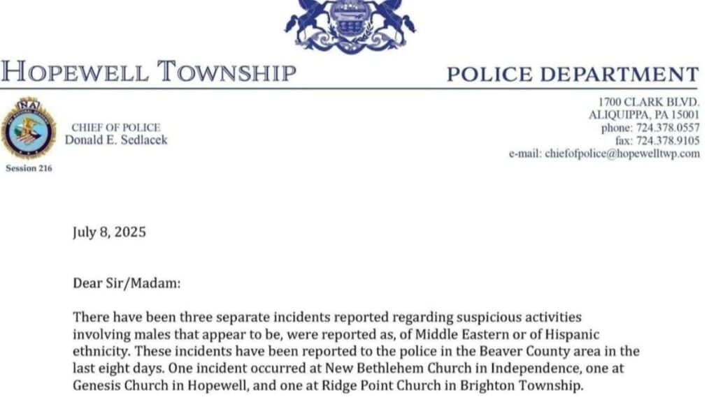 A picture of the Pennsylvania police's letter.