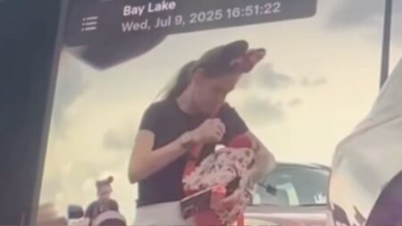 Girl stealing magnet at Disney World