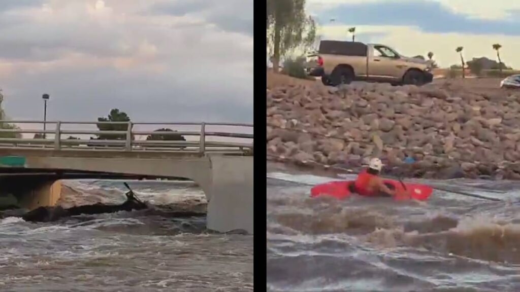 Crazy Arizona Man Turns Flooded Streets Into Kayak Adventure: ‘Filthy Water, But At Least He Wore a Helmet’ Arizona Kayak Floodwaters