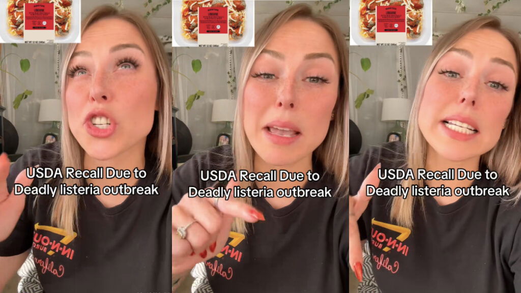 A three-photo collage of a blonde California influencer in an In-N-Out burger t-shirt. Text on the images describes a USDA recall. Each photo has an image of pasta that caused a deadly listeria outbreak.